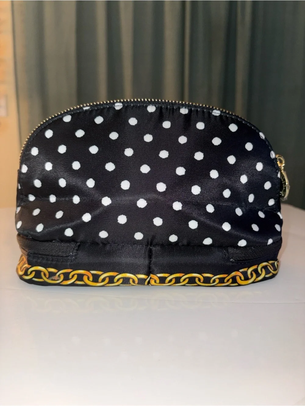 Moschino Black and White Polka Dot Cosmetic Pouch with Gold Accents NEW
